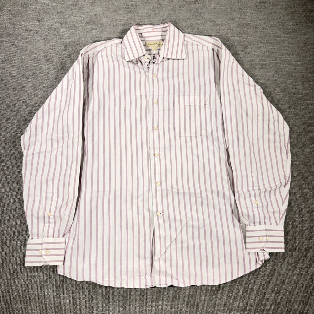Tommy Bahama Button Down Shirt Mens 16 34-35 White Purple Excellent Striped L/S